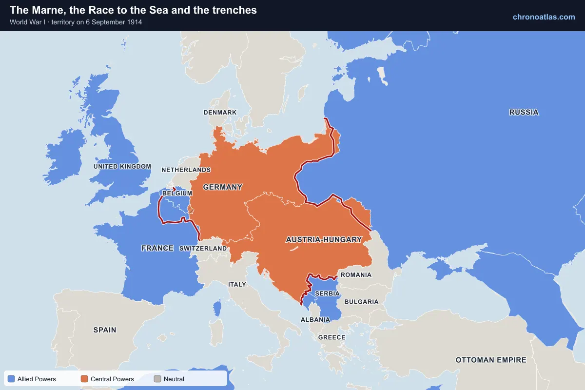 Map of Europe on 6 September 1914 during World War I: The Marne, the Race to the Sea and the trenches