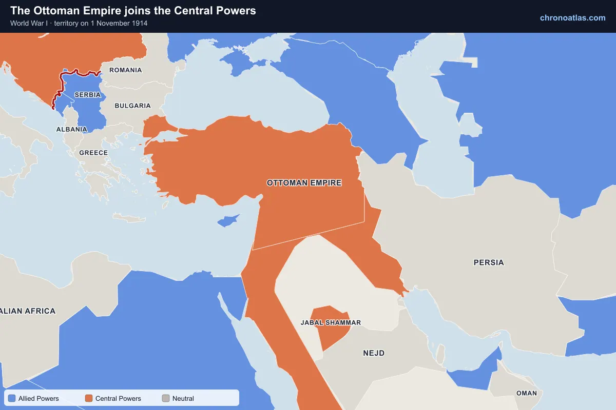 Map of the Balkans and the Middle East on 1 November 1914 during World War I: The Ottoman Empire joins the Central Powers