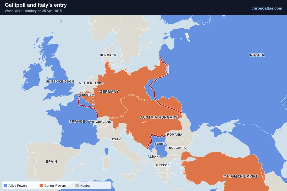 Map of Europe on 25 April 1915 during World War I: Gallipoli and Italy’s entry