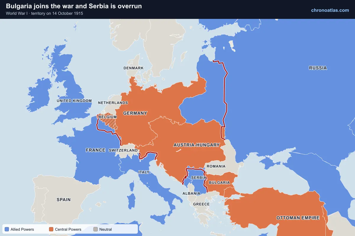 Map of Europe on 14 October 1915 during World War I: Bulgaria joins the war and Serbia is overrun