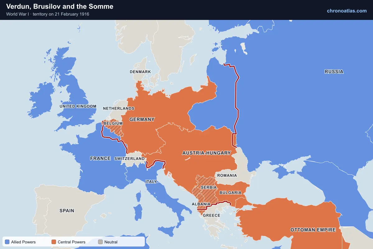 Map of Europe on 21 February 1916 during World War I: Verdun, Brusilov and the Somme