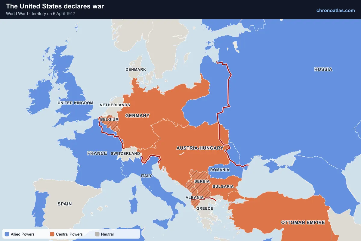 Map of Europe on 6 April 1917 during World War I: The United States declares war