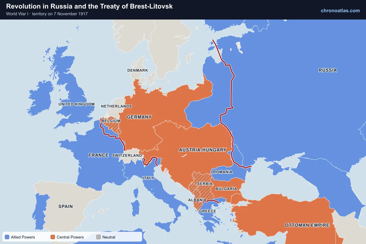 Map of Europe on 7 November 1917 during World War I: Revolution in Russia and the Treaty of Brest-Litovsk