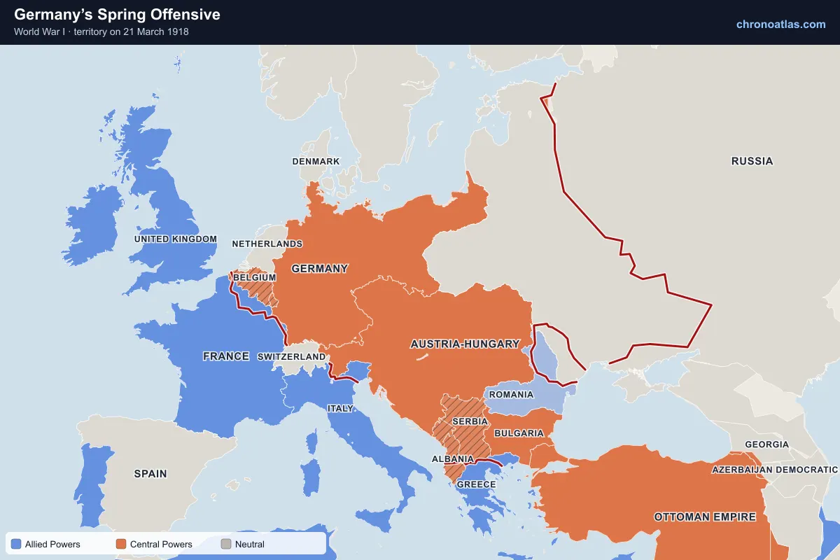 Map of Europe on 21 March 1918 during World War I: Germany’s Spring Offensive