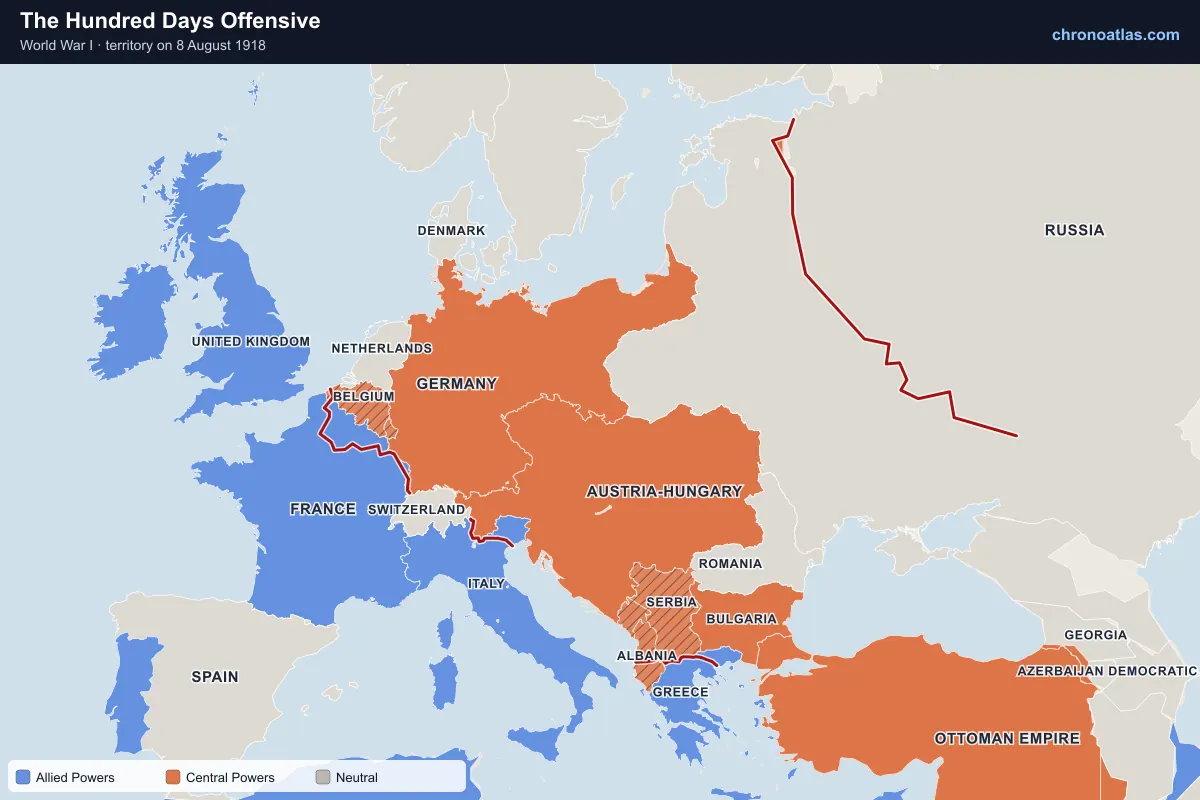 Map of Europe on 8 August 1918 during World War I: The Hundred Days Offensive