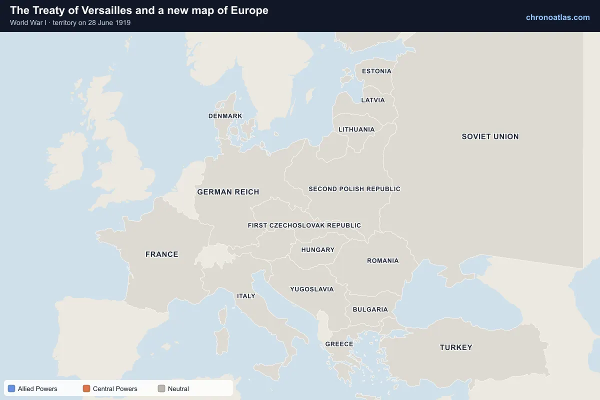 Map of Europe on 28 June 1919 during World War I: The Treaty of Versailles and a new map of Europe