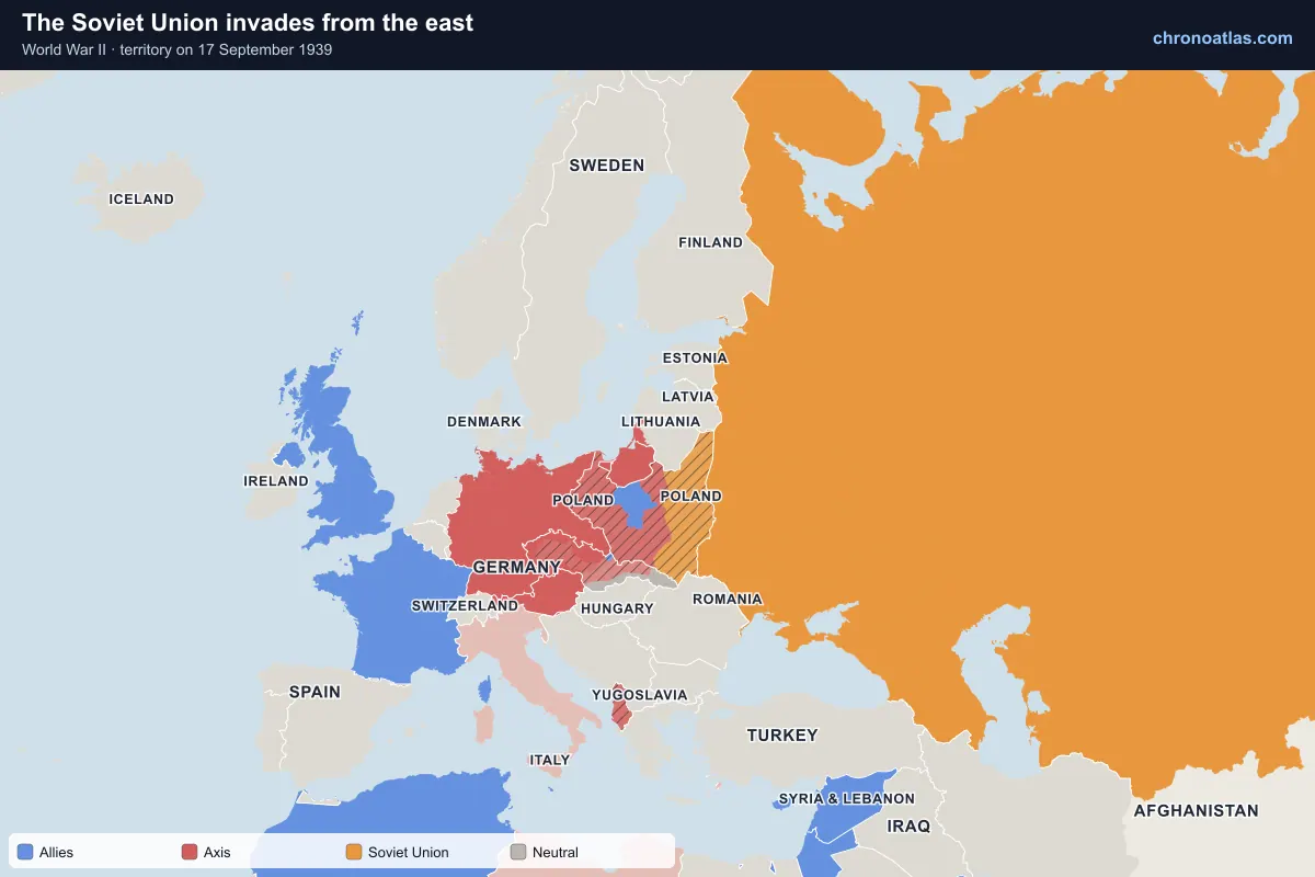 Map of Europe on 17 September 1939 during World War II: The Soviet Union invades from the east