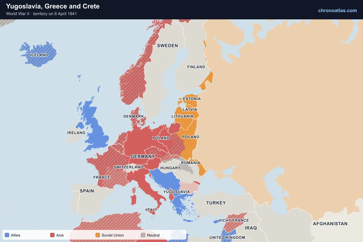 Map of Europe on 6 April 1941 during World War II: Yugoslavia, Greece and Crete