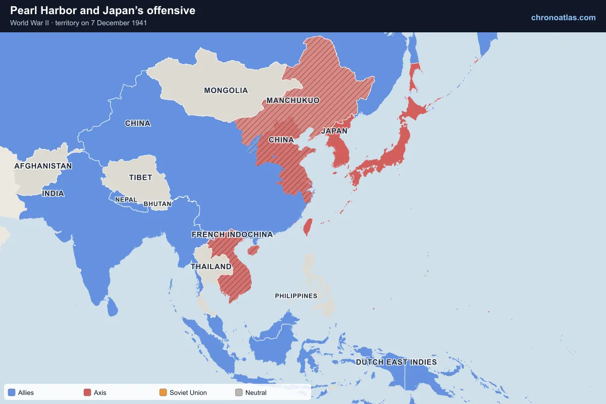 Map of East and South-East Asia on 7 December 1941 during World War II: Pearl Harbor and Japan’s offensive