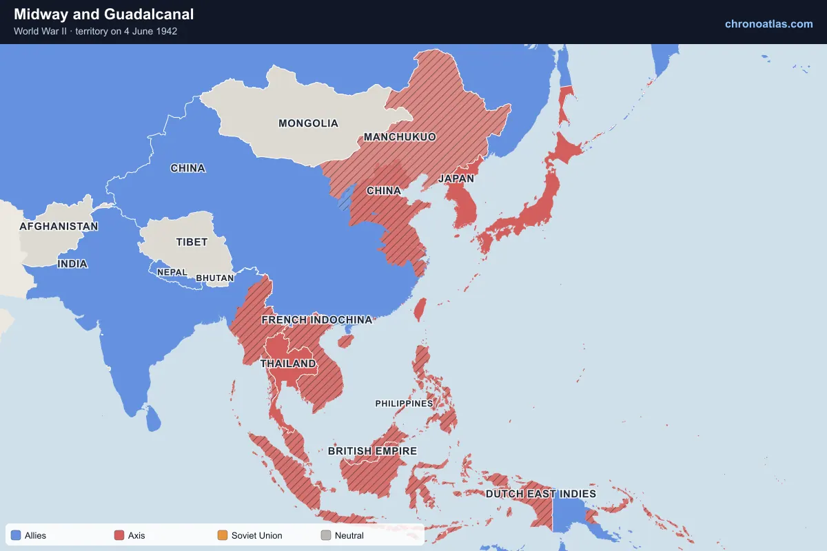 Map of East and South-East Asia on 4 June 1942 during World War II: Midway and Guadalcanal