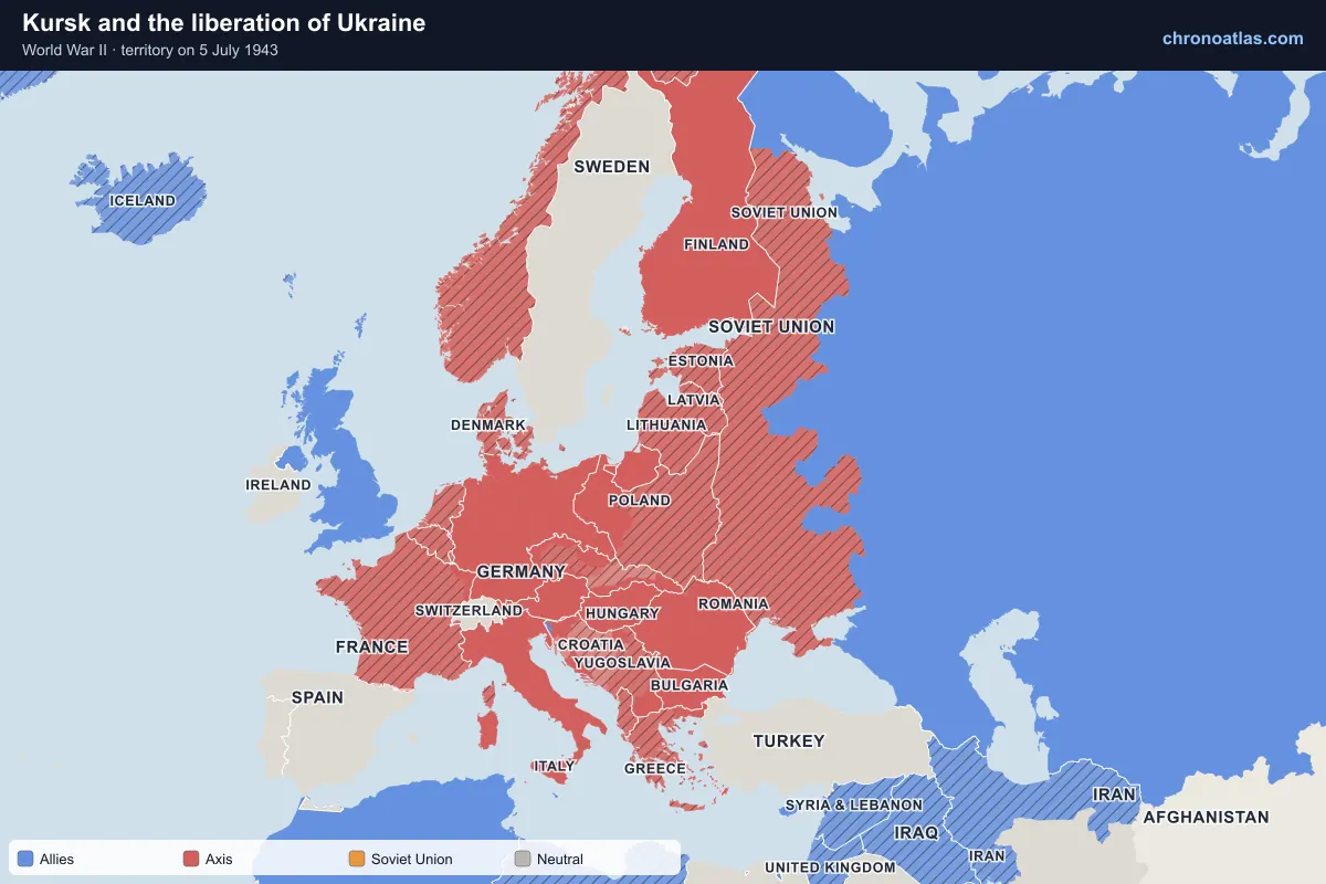 Map of Europe on 5 July 1943 during World War II: Kursk and the liberation of Ukraine