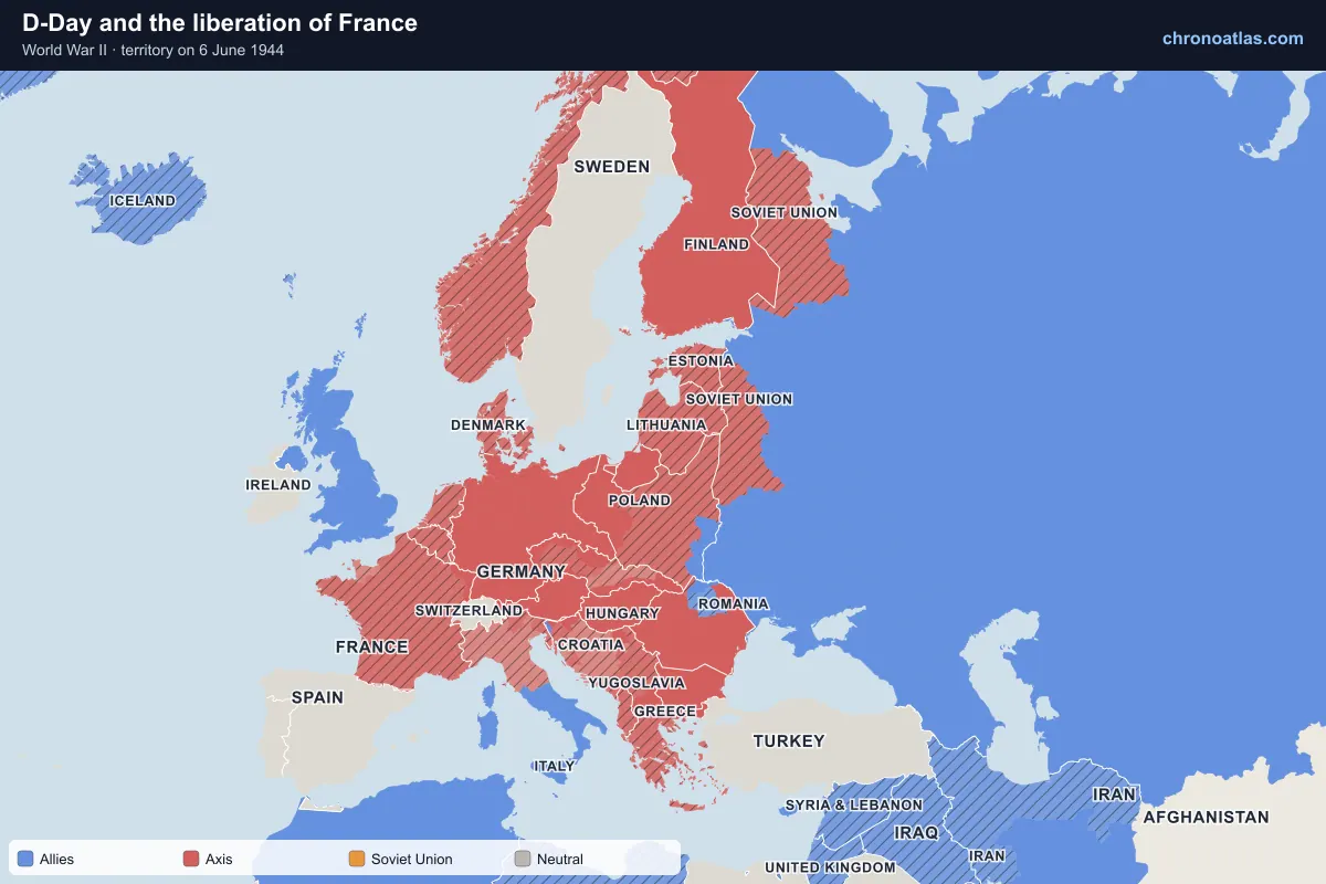 Map of Europe on 6 June 1944 during World War II: D-Day and the liberation of France