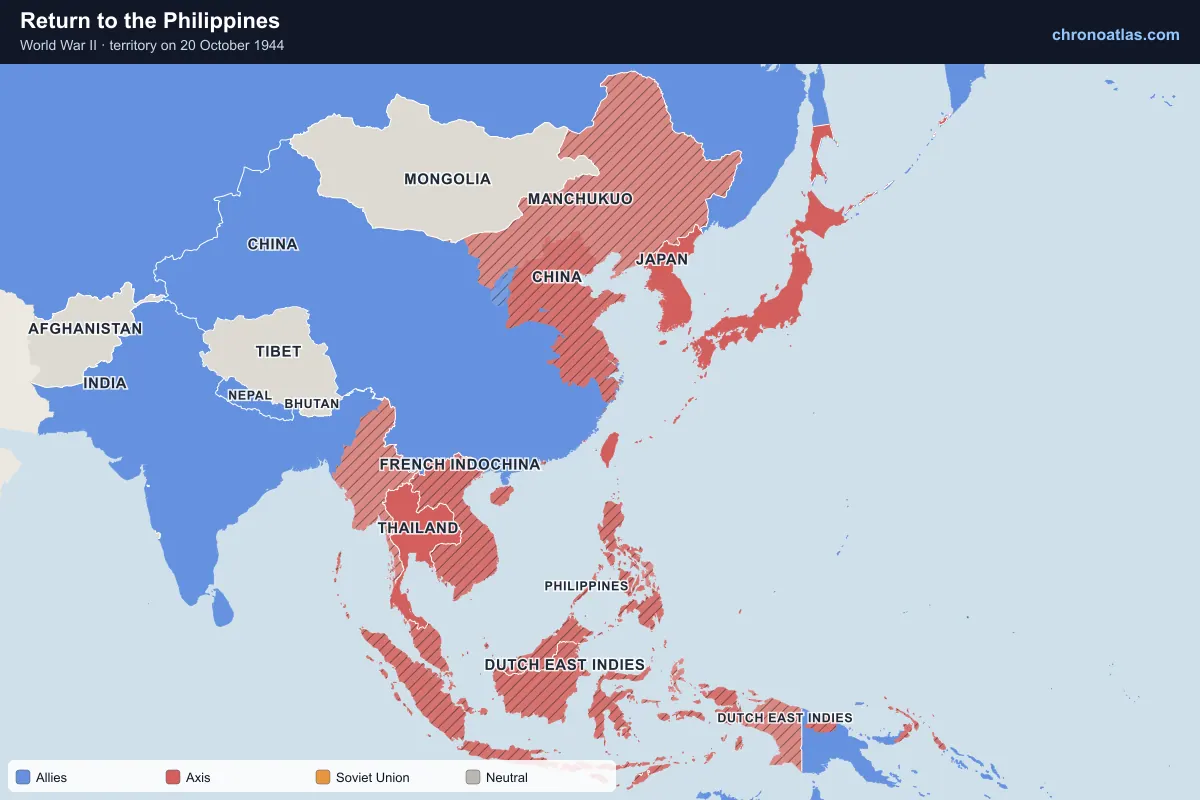Map of East and South-East Asia on 20 October 1944 during World War II: Return to the Philippines