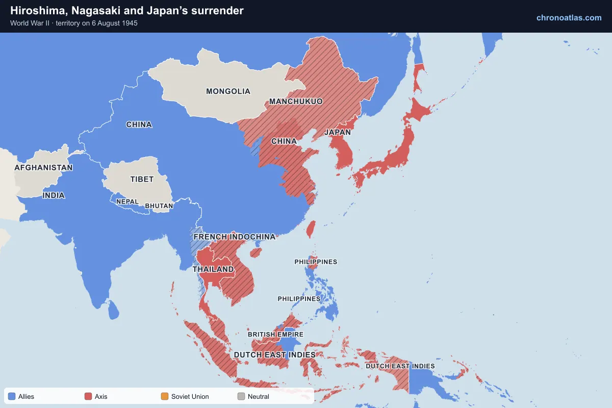 Map of East and South-East Asia on 6 August 1945 during World War II: Hiroshima, Nagasaki and Japan’s surrender